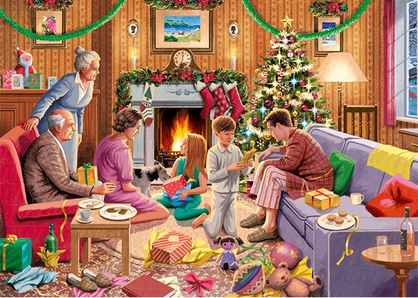 Présentation du casse-tête Family time at Christmas (4 x 1000 pièces) - Falcon