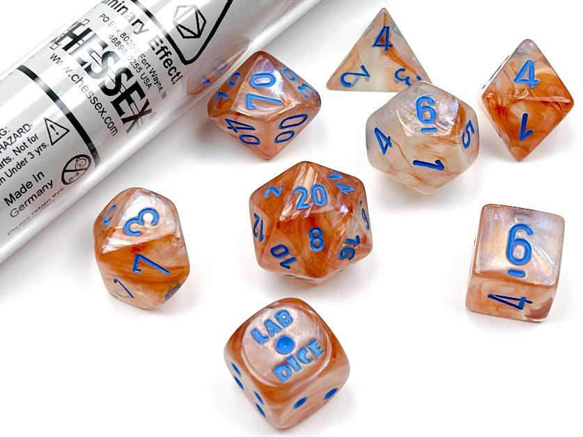 Lab Dice 5 – Borealis Rose-doré avec chiffres bleus pâles (Dés)