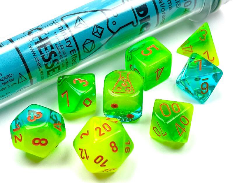 Lab Dice 5 – Gemini Luminary Vert Plama-sarcelle avec chiffre orange (Dés)