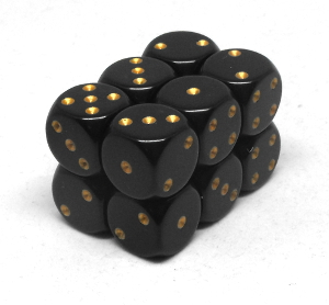 Boîte accessoire Chessex - Brique de 12 d6 16mm opaques noir avec points dorés
