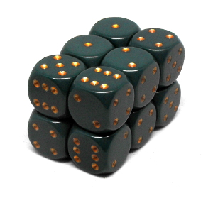 Boîte accessoire Chessex - Brique de 12 d6 16mm opaques verts foncé avec points cuivrés