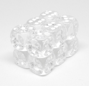 Chessex – Brique de 12 d6 16mm transparents clair avec points blancs (Dés)