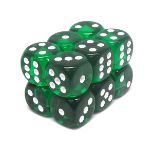 Boîte accessoire Chessex - Brique de 12 d6 16mm transparents vert avec points blancs