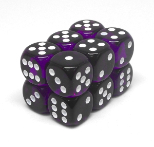 Boîte accessoire Chessex - Brique de 12 d6 16mm transparents violet avec points blancs