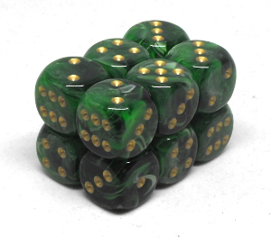 Boîte accessoire Chessex - Brique de 12 d6 16mm Vortex vert avec points dorés