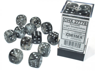 Boîte accessoire Chessex - Brique de 12d6 16mm Borealis Luminary - Gris fumée avec picots argent