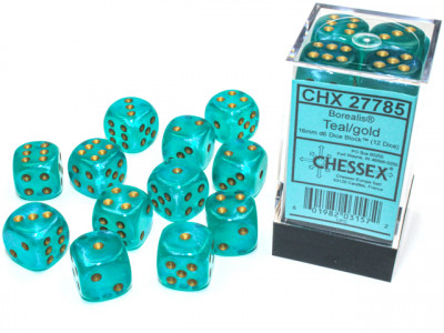 Boîte accessoire Chessex - Brique de 12d6 16mm Borealis Luminary - Sarcelle avec points dorés