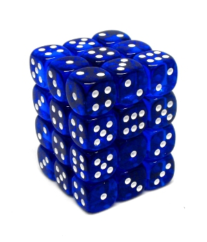 Chessex – Brique de 36 d6 12mm transparents bleus avec points blancs