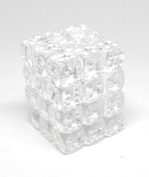 Boîte accessoire Chessex - Brique de 36 d6 12mm transparents clairs avec points blancs