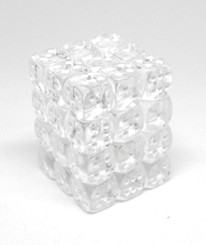 Chessex – Brique de 36 d6 12mm transparents clairs avec points blancs