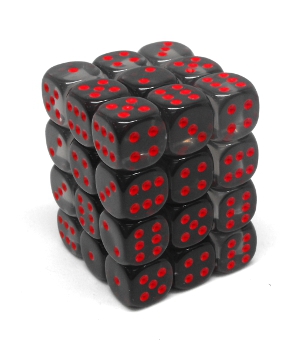 Chessex – Brique de 36 d6 12mm transparents fumées avec points rouges