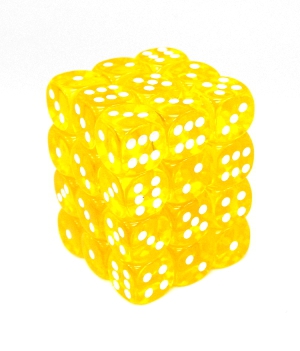 Chessex – Brique de 36 d6 12mm transparents jaunes avec points blancs
