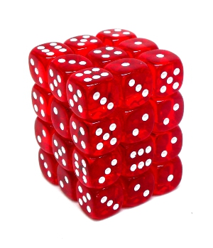 Chessex – Brique de 36 d6 12mm transparents rouges avec points blancs