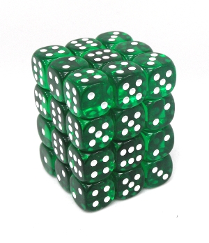 Chessex – Brique de 36 d6 12mm transparents verts avec points blancs