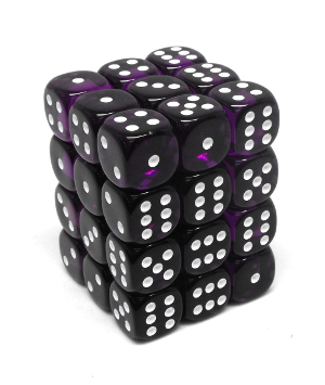 Boîte accessoire Chessex - Brique de 36 d6 12mm transparents violets avec points blancs