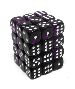 Chessex – Brique de 36 d6 12mm transparents violets avec points blancs