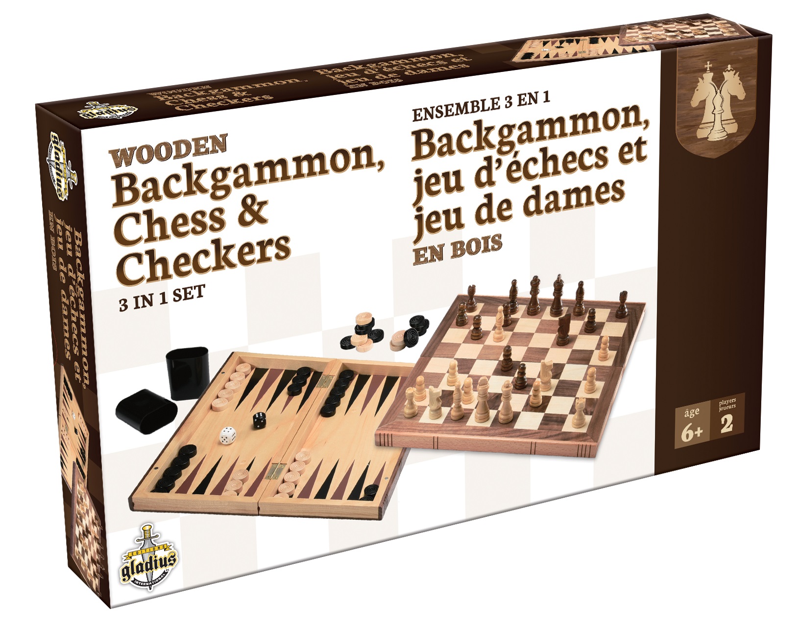 Boîte du jeu Backgammon, Jeu d'échecs et de Dames en Bois