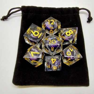 DÉSirable – kit de dés « Liquid Core » Oeil de Dragon Translucide – Oeil mauve et blanc avec pochette