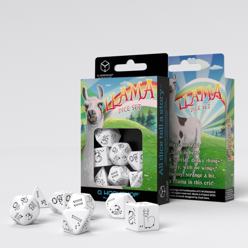 Boîte du jeu Q Workshop - Dés Llama - Blancs avec chiffres noirs