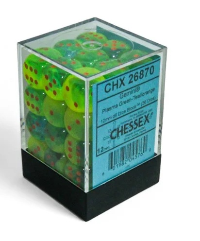 Chessex – Brique de 36 d6: Gemini – Plasma Green-Teal/Orange Luminary