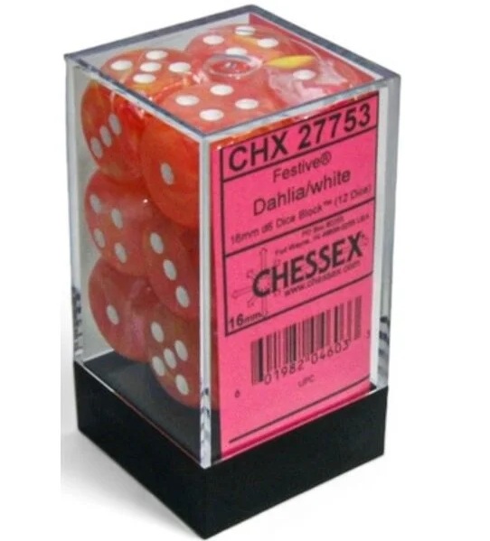 Chessex – Brique de 12 d6 16mm – Festive Dahlia/White Luminary