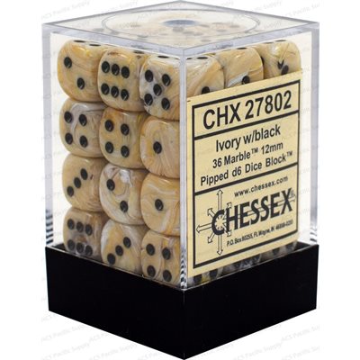 Chessex – Brique de 36 d6 12mm: Marble – Ivory/Black