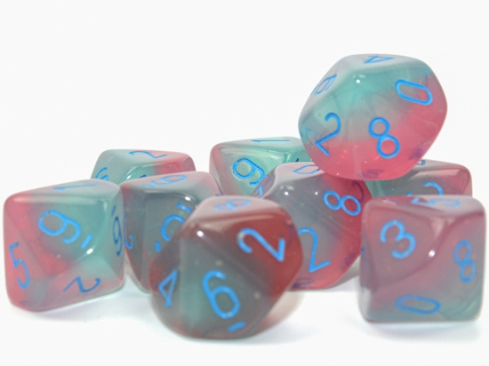Chessex – Brique de 10 d10: Gemini: Gel Green-Pink/Blue Luminary