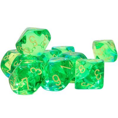 Chessex – Brique de 10 d10: Gemini: Translucent Green-Teal/Yellow