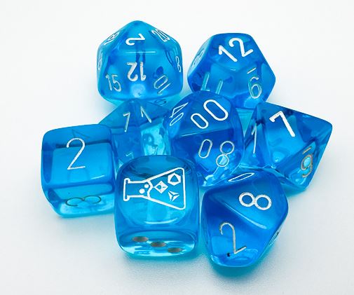 Lab Dice 7 pcs – Translucides: Bleu Tropical à chiffres Blancs avec Dés Bonus