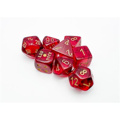 Lab Dice 7 pcs – Translucides: Rouge Carmin à chiffres Dorés avec Dés Bonus