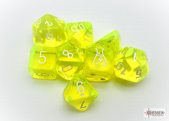 Lab Dice 7 pcs – Translucides: Jaune Fluo à chiffres Blancs avec Dés Bonus