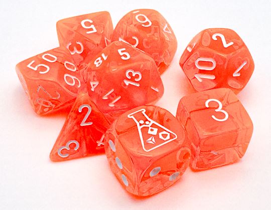 Lab Dice 7 pcs – Translucides: Orange Fluo à chiffres Blancs avec Dés Bonus