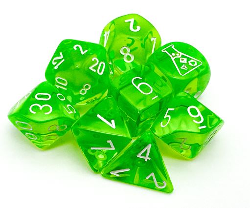 Lab Dice 7 pcs – Translucides: Vert Fluo à chiffres Blancs avec Dés Bonus