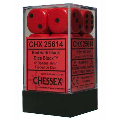 Chessex – Brique de 12 d6 16mm opaques rouge avec points noir (Dés)