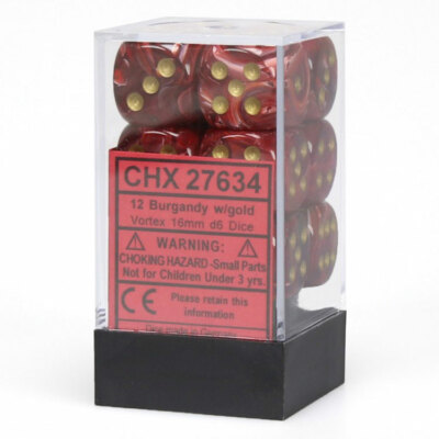 Chessex – Brique de 12 d6 16mm vortex Bourgogne avec point or