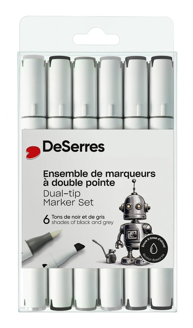 Ensemble Marqueurs Alcool double Pointe (Noir et Gris – 6 pièces)