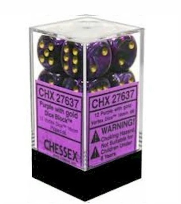 Chessex – Brique de 12 d6 16mm vortex Violette avec point or
