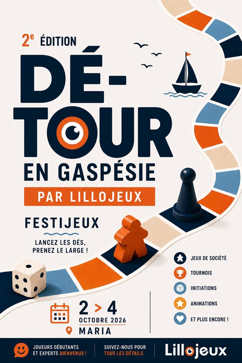 Affiche du Dé-Tour en Gaspésie 2026, festival de jeux de société à Maria du 2 au 4 octobre, par Lillojeux